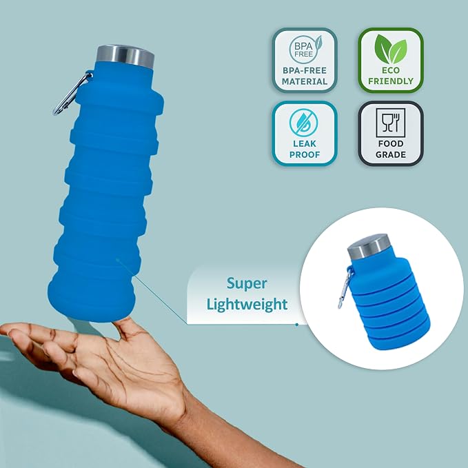Collapsible Water Bottles 17oz, Odorless BPA-Free Silicone, Leak-Proof Foldable Reusable Bottle - Perfect for Travel Sports Gym Hiking Camping Cycling - Light Blue - Image 3