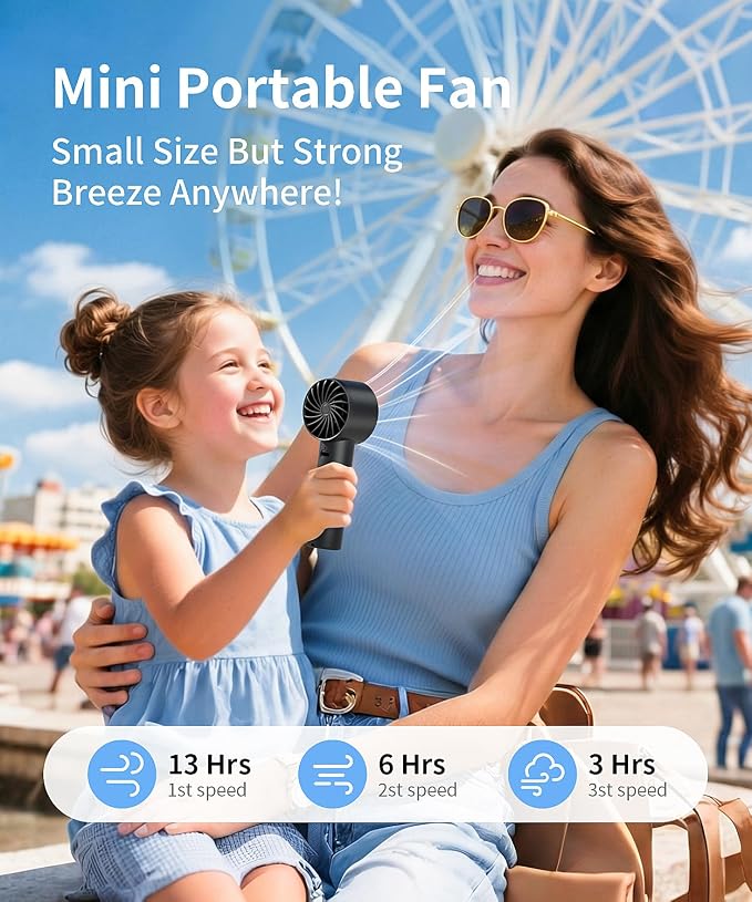 Mini Portable Fan, Handheld and Desktop Fan with Base, Small & Powerful 3 Speed, USB Rechargeable Battery Powered, Personal Cooling Fan for Travel Office Makeup Outdoor Summer Gift, Black - Image 2
