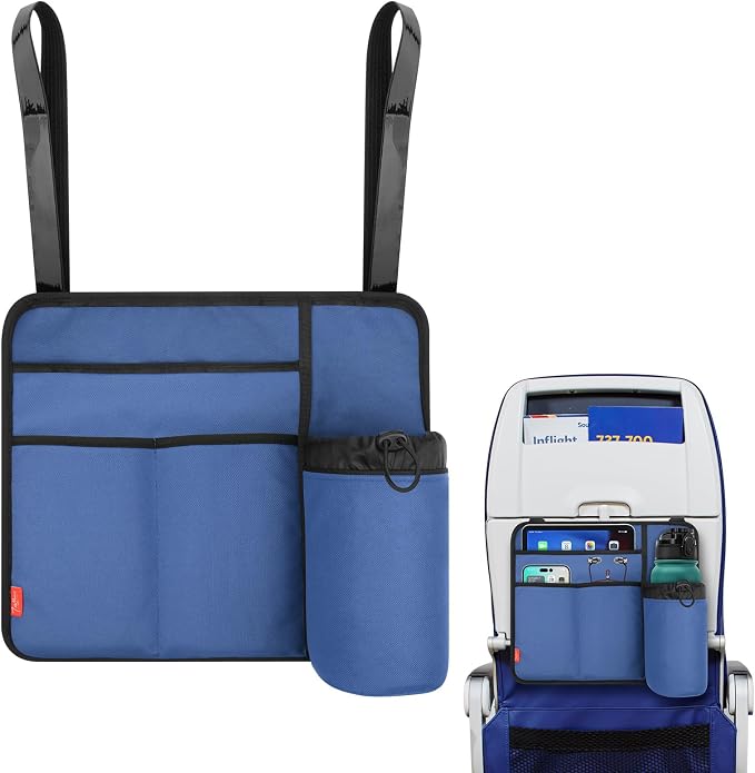 Airplane Seat Back Organizer & Storage, Airplane Tray Table Cover for Personal Items, Airline Seat Hanging Pockets Media Pouch,Reusable Travel Essentials,Fits Tablets,Cell Phone,Water Bottle (Blue) by Homakover