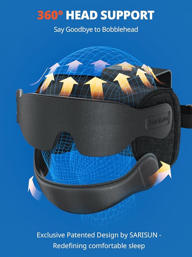 SARISUN Travel Pillow with Chin Strap for Different Seats, Stable Support | Seat Strap System, Fits with/out headrests Seats, Stop Head Bobbing, 3D Eye Mask Airplane Pillow for Long Flight, Mottle Blue - Image 5