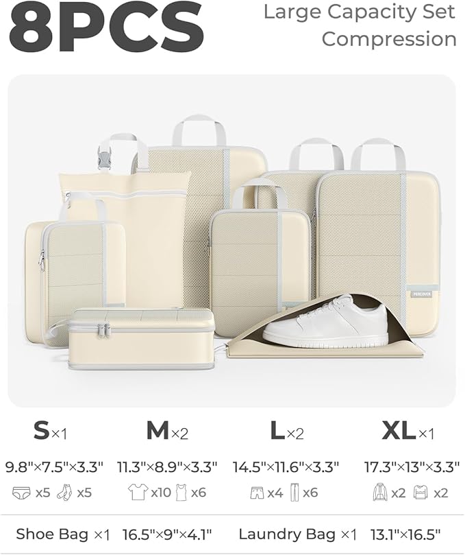 Percover Compression Packing Cubes for Travel, 8-Piece Structured Compression Organizer Set with Laundry Bag & Shoe Bag for Carry-On & Checked Luggage, Beige - Image 2