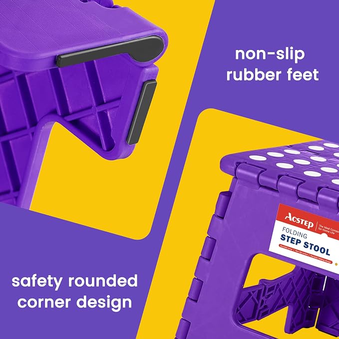 Folding Step Stool 9 Inch, Non-Slip Foldable Stools for Kids, Purple | Heavy Duty Collapsible Foot Stool, Lightweight, Holds 300lb for Toddler/Adults Kitchen Bathroom Bedroom Outdoor, with Handle - Image 3
