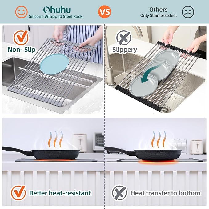 Ohuhu Roll Up Dish Drying Rack, Over The Sink Multipurpose Roll-Up Dish Racks, 16.5" W x 13" L Rolling Heat-Resistant Anti-Slip Silicone Coated Dish Drainer Portable Foldable for Kitchen Counter - Image 6