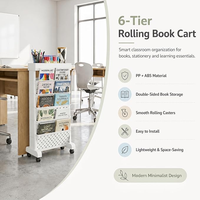 6-Tier Rolling Bookshelf Magazine Rack with Wheels White | Mobile Bookcase, Book Storage File Folder Organizer Cart for Home Study Office Living Room Classroom - Image 4