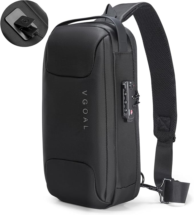 VGOAL Anti Theft Crossbody Bag for Men Sling Backpack Chest Shoulder Bag | Waterproof,Combination Lock,USB Charge Port,Portable,Minimalist,13*6.7*3.5Inch,Fit 9.7" IPad,Business,Travel,Cycling,Hiking by VGOAL