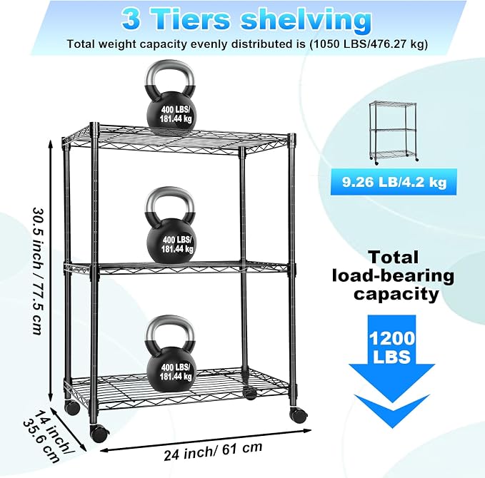 Whitmor 3 Tier Storage Shelves, Heavy Duty with Wheels, Adjustable Wardrobe Rack, 400 lbs Capacity per Shelf, Max 1200 lbs Total for Kitchen, Bathroom, Garage, 24" L x 14" W x 30.5" H, Black - Image 3