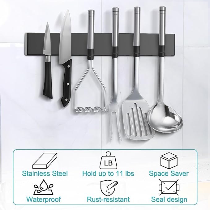 Magnetic Knife Holder With 3 Hooks, 12 Inch Knife Magnetic Strip No Drilling Adhesive Magnetic Knife Holder for Wall Mount Fridge Refrigerator, Magnet Bar Tool Holder Organizer RV Kitchen Gadgets - Image 6