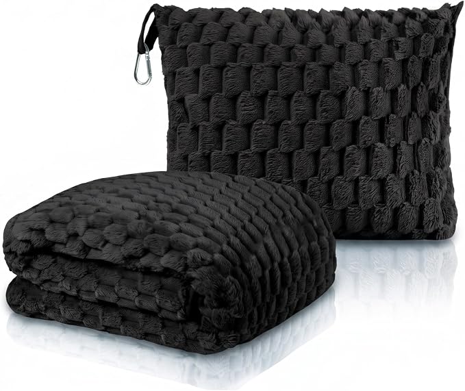 Travel Blanket with Bag, Soft Fleece Portable Airplane Blanket, Black | Soft fleece travel blanket 50x60in grey. 5-in-1: pillow, lumbar support, shawl, hand warmer. Washable, luggage sleeve, clip. by Unknown