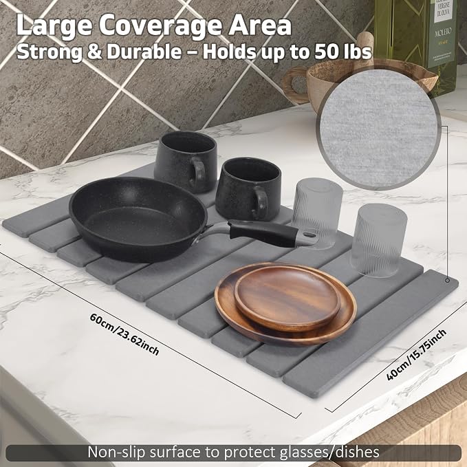 Large Stone Dish Drying Mat for Kitchen Counter, 24"(L)×16"(W) Collapsible Quick Drying Dish Mats, Ultra Absorbent Diatomaceous Earth Mats for Bottles, Match Any Countertop - Image 4