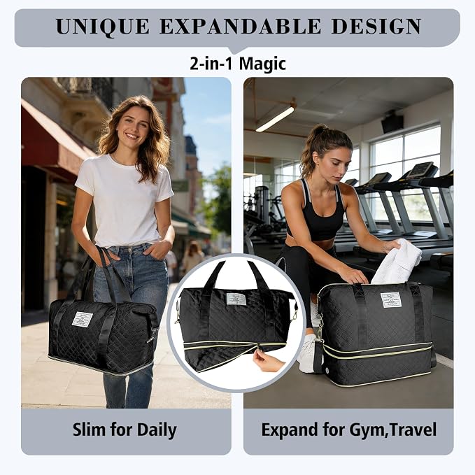 Geestock Travel Duffle Bag - Weekender Overnight Bags for Women, Black | Travel Bag with Expandable Shoe Compartment & Trolley Sleeve, Lightweight Carry On Bag with Drawstring Storage Pouch for Trip - Image 7
