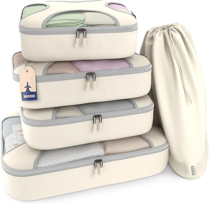Shacke 5 Set Packing Cubes for Travel with Laundry Bag (Sand) | Suitcase Organizer Bags Set: 4 Water-Resistant Luggage Cubes, XL to Small, + Laundry Bag for Carry-On or Checked by Shacke