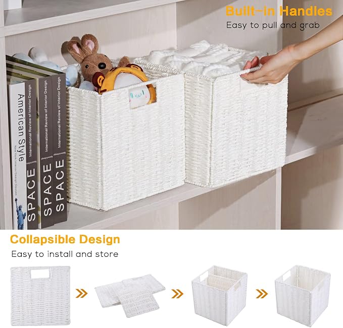 Wicker Storage Basket, Set of 2 Hand-Woven Wicker Baskets for Organizing, Foldable Cube Storage Basket Bins, 13 Inch Large Wicker Storage Baskets for Shelves & Decor, White (13''x13''x13'') - Image 4