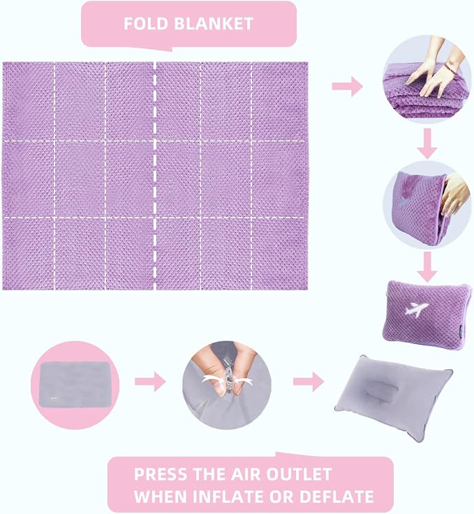 3 in 1 Travel Blanket Pillow Set - 350 GSM Thick Travel Blanket Airplane Compact with Bag, Soft Bag with a Pocket, Inflatable Travel Pillow for Camping & Car Trip (Violet) - Image 7