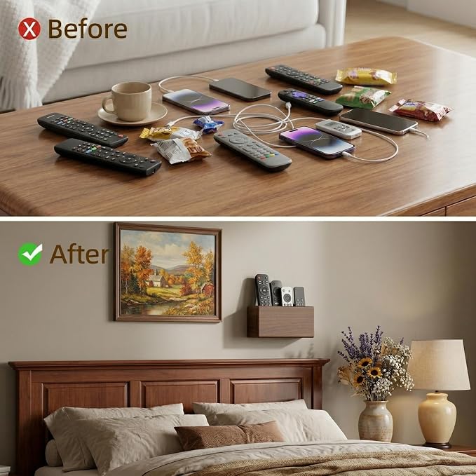 Wall Mount Remote Control Holder, Dark Walnut Wood TV Remote Organizer & Phone Caddy, No-Drill Space-Saving Wall Storage for Living Room, Office, Bedroom and Bedside - Image 3
