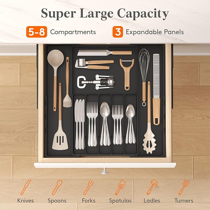 Lifewit Expandable Silverware Drawer Organizer, Utensil Tray for Kitchen | BPA Free Flatware and Cutlery Holder, Adjustable Plastic Storage for Spoons Forks Knives, 12-20.5 x 11.3-19.4 x 1.7", Black - Image 3
