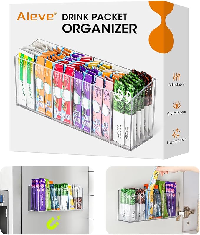 AIEVE Drink Packet Organizer, Mountable Water Packet Organization Holder with Adhesive & Magnetic Sticker, Pantry Organizers Kitchen Storage for Countertop Table Fridge Cabinet - Image 9