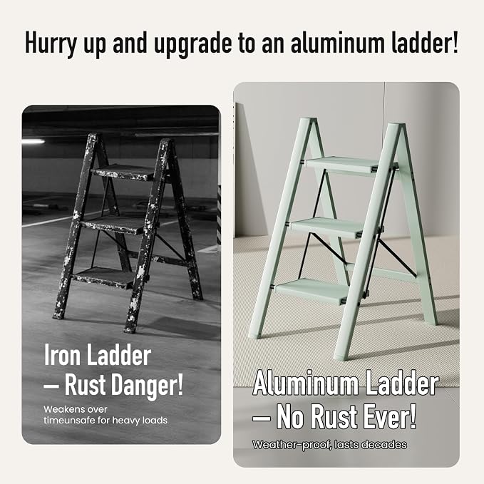 Mayi Plus 3 Step Stool Foldable, Aluminum, Lightweight Step Ladder | Extra-wide anti-slip folding steps with 330 lbs, for home,kitchen,office,outdoor,Green - Image 2