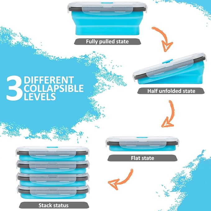 Collapsible Silicone Food Storage Containers Set with Lid & Air Vent,Foldable Lunch Containers(4PCS,Blue,17oz) - Image 4