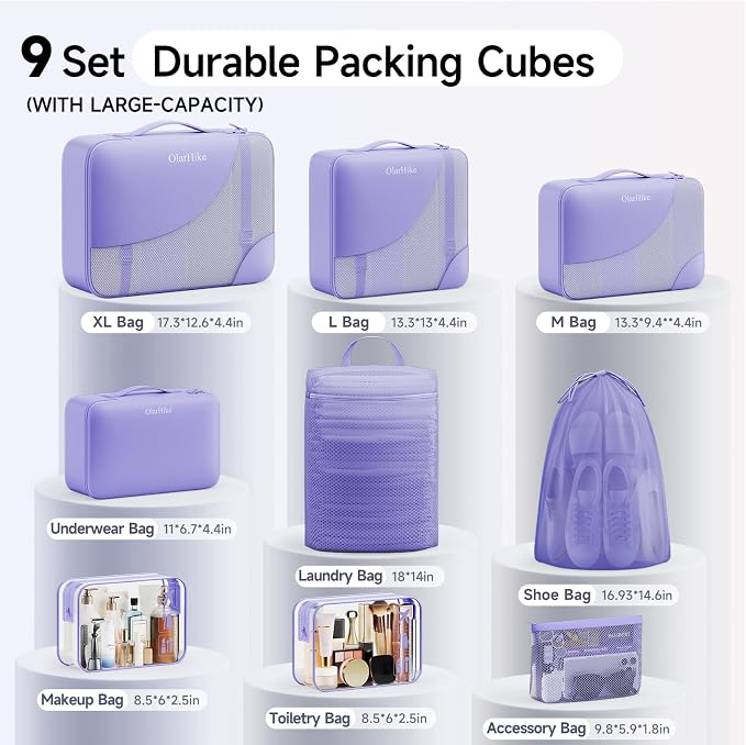 9 Set Packing Cubes for Travel, Gifts for Women Mom,Anti-Tearing Suitcase Organizer,OlarHike Vacation Essentials & Accessories for Cruise Ship - Image 2