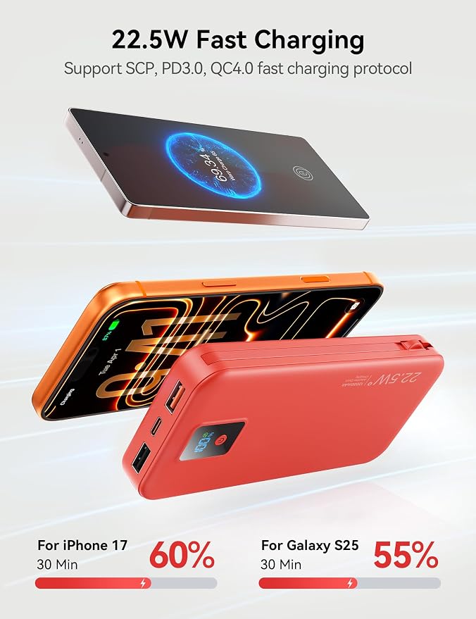 Portable Charger 12000mAh 22.5W w/Built-in Cable & Wall Plug Red | 22.5W fast charging, LED display, Charging 5 devices at once, Pass through charging, TSA approved, Compatible with iPhone - Image 4