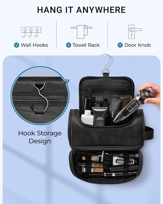 Elviros Hanging Toiletry Bag for Men PU Leather Shaving Kit (Black) | Water-Resistant Travel Organizer with Hanging Hook for Toiletries, Shaving Tools, Grooming Items, and Daily Storage - Image 6