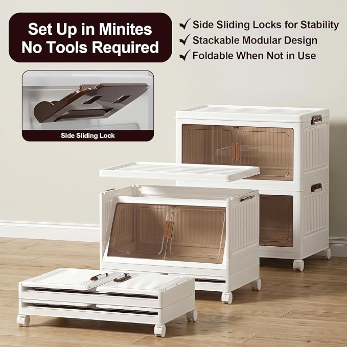 48QT Stackable Storage Bins With Lids, Collapsible Plastic Storage Bins with Wheels and Doors, Foldable Plastic Cabinets for Bedroom Dorm Garage Office Kitchen, 2 Pack - Image 7