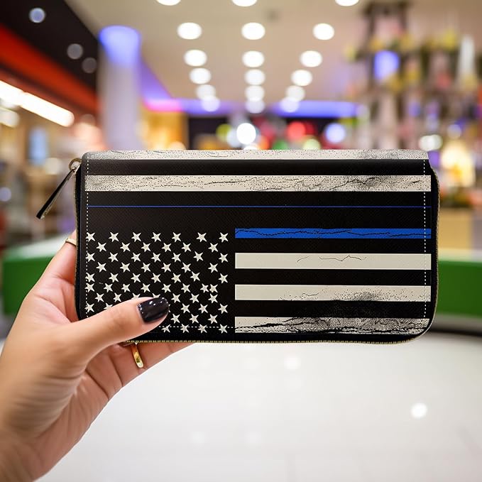 Wallet,Leather Long Wallet Suitable For Ladies And Teenagers - Detachable Wristband + RFID Travel Wallet With Card Slot - Thin Blue Line American Flag - Image 4