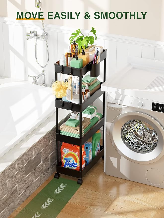 LEHOM Slim Rolling Storage Cart - 4 Tiers Bathroom Organizer Utility Cart | Slide Out Storage Shelves Mobile Shelving Unit for Kitchen, Bedroom, Office, Laundry Room, Small Narrow Spaces (7.1" W+Black) - Image 3