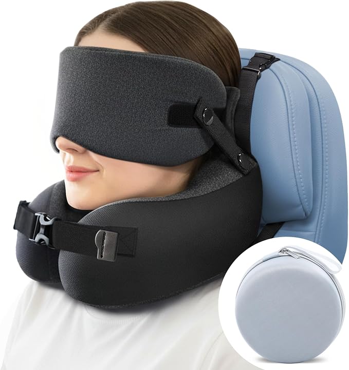 Travel Pillow for Long Flight Airplanes, Head Strap with Soft Eye Mask for Sleep, Memory Foam Travel Neck Pillow for Car Trip Essential, 360° Headrest Support to Stop Head Bobbing, EVA Case, Grey by Unknown