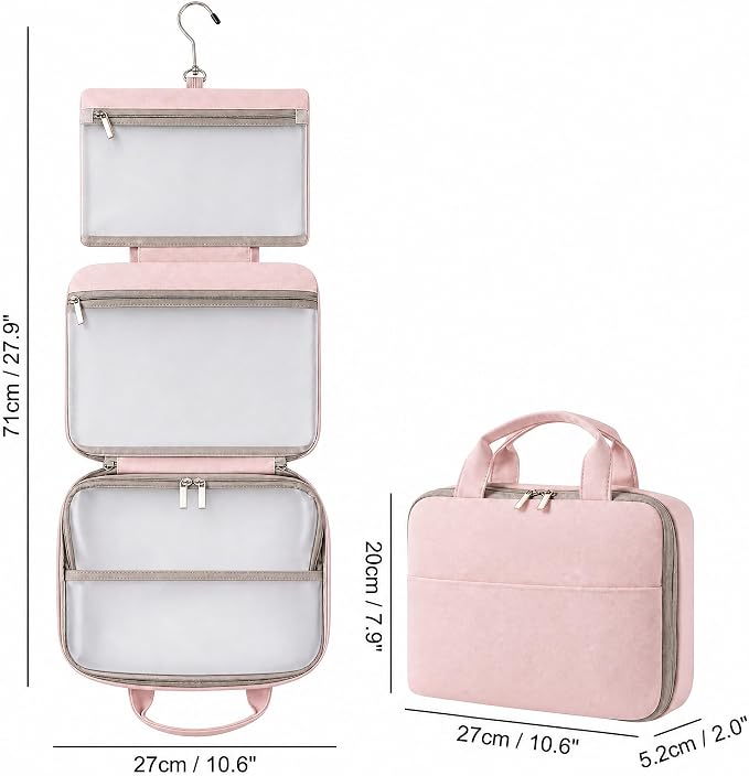 Hanging Travel Toiletry Bag for Women, 3-Tier Makeup Organizer, Large Capacity Waterproof PU Leather Cosmetic Case, Travel Essentials (Mist Rose) - Image 9