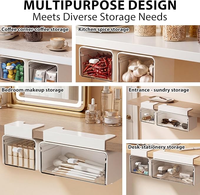 2 Pack Hanging Under Shelf Storage Container, No Drill Adhesive Pull Out Drawer Organizer, Moisture Proof Clear Makeup Organizer for Tables, Home & Office, Counters, Workstation - Image 7