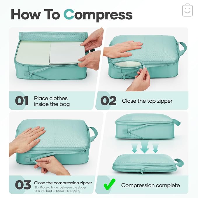 Veken 11 Set Compression Packing Cubes Garment Bags for Travel Essentials,Compressible Expandable Luggage Organizer Bags for Clothing,Space Saver Bags with Over 1000 pcs of Mesh Holes(Blue Green) - Image 3
