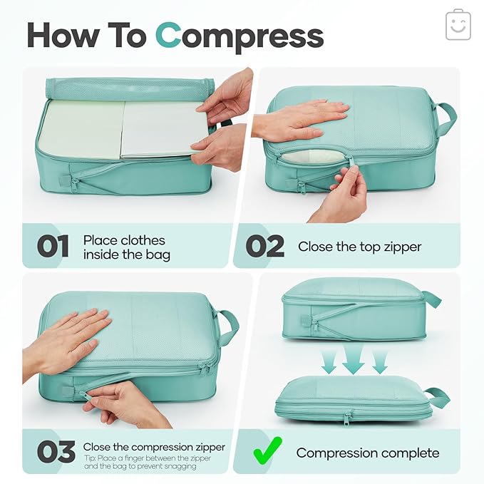Veken 9/11 Set Compression Packing Cubes Garment Bags for Travel Essentials,Compressible Expandable Luggage Organizer Bags for Clothing,Space Saver Bags with Over 1000 pcs of Mesh Holes(Blue Green) - Image 3