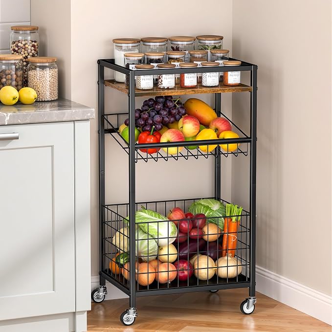 Fruit Vegetable Cart, 3-Tier Snack Cart on Wheels & Wood Top, Brown | Vegetable Rack For Kitchen, Kitchen Cart Organizer for Fruit, Vegetables, Potato, Snack by Kssiaz