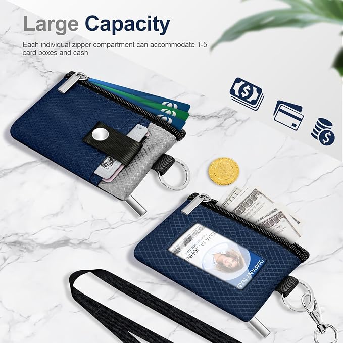 Minimalist RFID Blocking Small Wallet with ID Window,WaterResistant Zip Id Case Wallet with Lanyard Keychain for Cards,Cash,Travel,Women,Men (Dark Blue/Light Gray) - Image 7