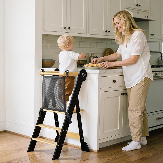 COSYLAND Foldable Toddler Kitchen Stool Helper - Height Adjustable Standing Tower for Bathroom Sink or Kitchen Counter - Step Stool for Toddlers Ages 18 Months to 6 Years Black & Natural | Folding 2-level Height Stand Tower, kids 18M-6Y, 70% pre-assemb... - Image 2