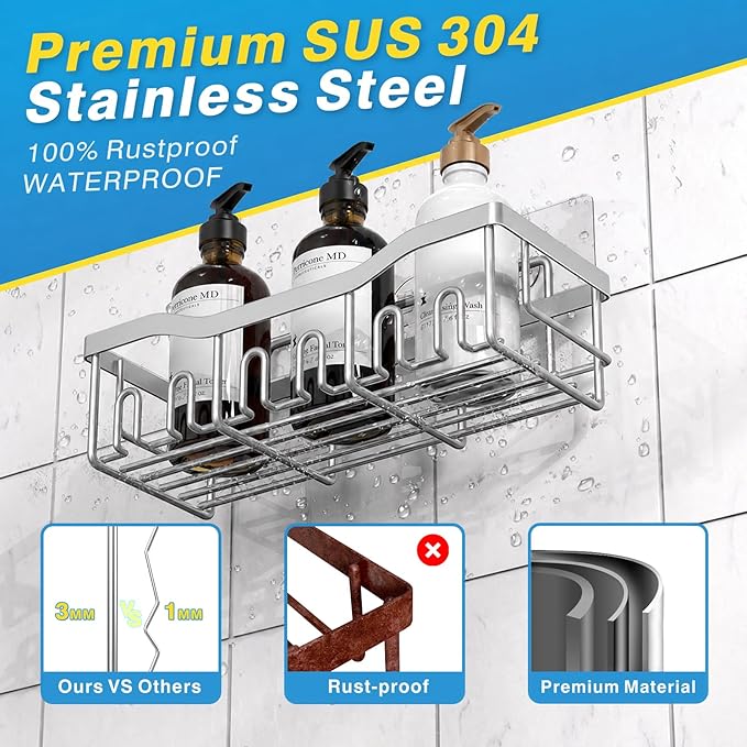 EUDELE 5-Pack Rustproof Stainless Steel Shower Caddy – No Drill Adhesive Bathroom Organizer with Large Capacity, Spacious Shower Shelves for Inside Shower, Kitchen & Home Decor Storage-XL Size - Image 5