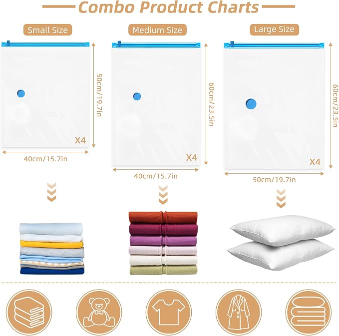 12 Pack Vacuum Storage Seal Bags for Travel with Cordless Electric Pump | Carry-on Packing Bags for Luggage and Suitcase, Space Saver Compression Clothes Storage Bag with Rechargeable Pump (12 Combo) - Image 2