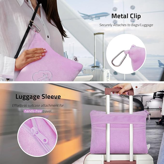 Travel Blanket Pillow,Airplane Blanket Compact with Bag Eye Mask, Ultra-Soft,Warm & Lightweight Included,Travel Essentials for Women & Men, Luggage Sleeve & Backpack Clip 65x40 in,Purple - Image 4