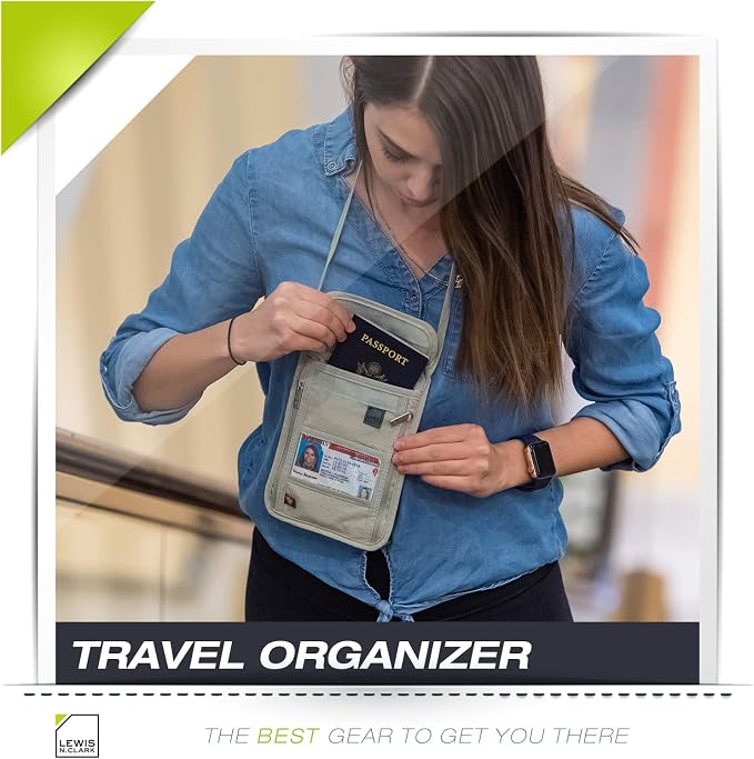 Lewis N. Clark RFID Blocking Stash Neck Wallet, Travel Pouch + Passport Holder for Women & Men, Taupe - Image 8