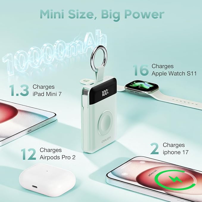10000mAh Portable Charger,22.5W Power Bank&iWatch Charger,Green | LED Display,Built-in Cables,Super Fast Charging,Travel Keychain Battery Pack for iPhone 17/16/15/14/13/12,Apple Watch Series - Image 4