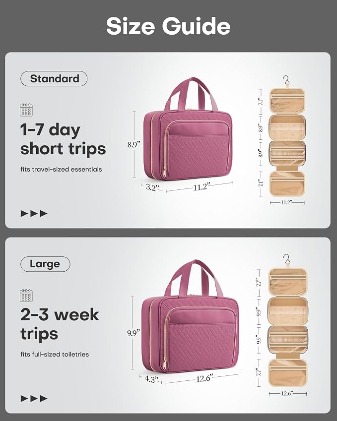 HOTOR Hanging Travel Toiletry Bag Women Men, Rosewood-Pink, Large | Waterproof Makeup Bag Hanging Hook,Multiple Pockets,Travel Essentials,12.6 x 4.3 x 9.9inches - Image 4