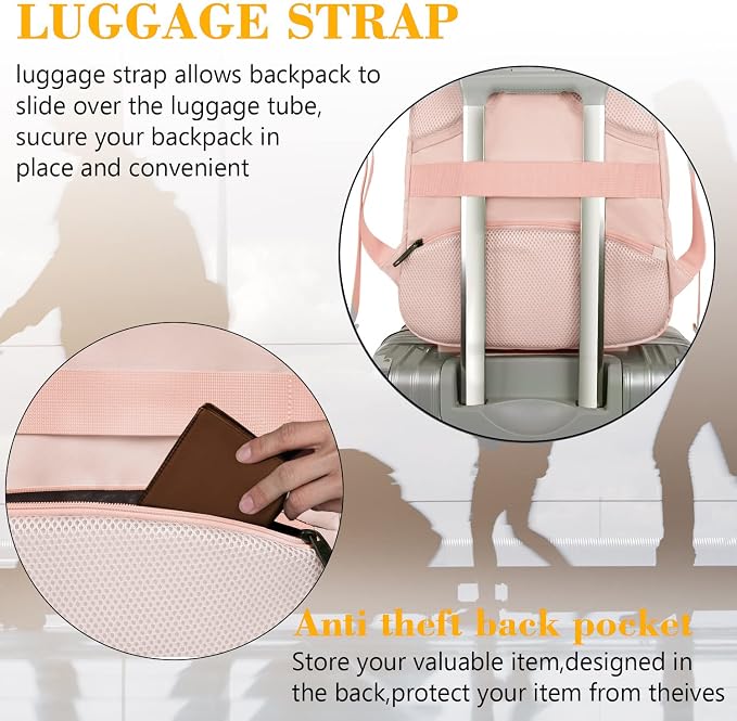 MATEIN Pink 15.6 Inch Laptop Backpack, Cute Computer Travel Bag for Women | Carry On Casual Daypack, Slim Sturdy Bag for Work, Lightweight Water Resistant, Gifts for Teacher Nurse, Anti Theft - Image 3