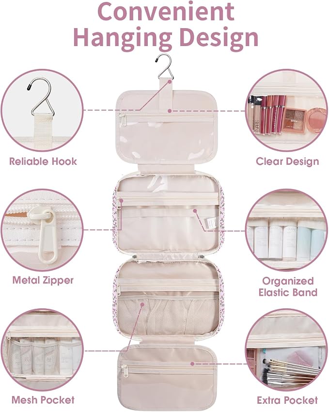 Narwey Travel Toiletry Bag for Women Large Hanging Makeup Bag Organizer Toiletries Bag for Full Size Essentials Accessories Cosmetics (Pink Flower (Large)) - Image 6