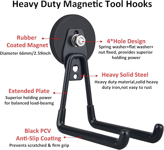 ULIBERMAGNET Magnetic Hooks,Heavy Duty Extra Large Hooks,Power Tool Organizer for Workshop Organization, 2 Pack Tool Hooks for Cordless Drill,Garden Tool,Metal Cabinet,Steel Pegboard(Black) - Image 3