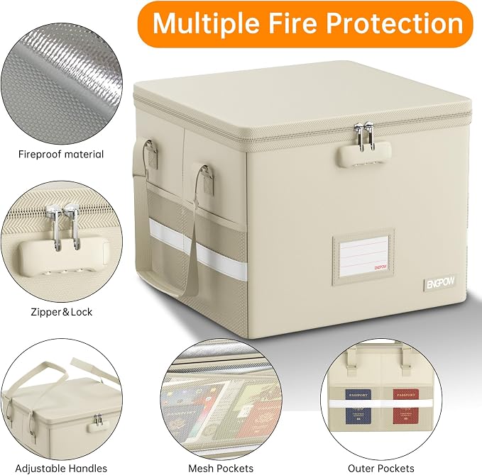 ENGPOW 5200°F File Box Fireproof Document Box with Lock,Heat Insulated Collapsible File Storage Organizer Box with Handle,Portable Home Office File Cabinet for Hanging Letter/Legal Size Folder, Beige - Image 5