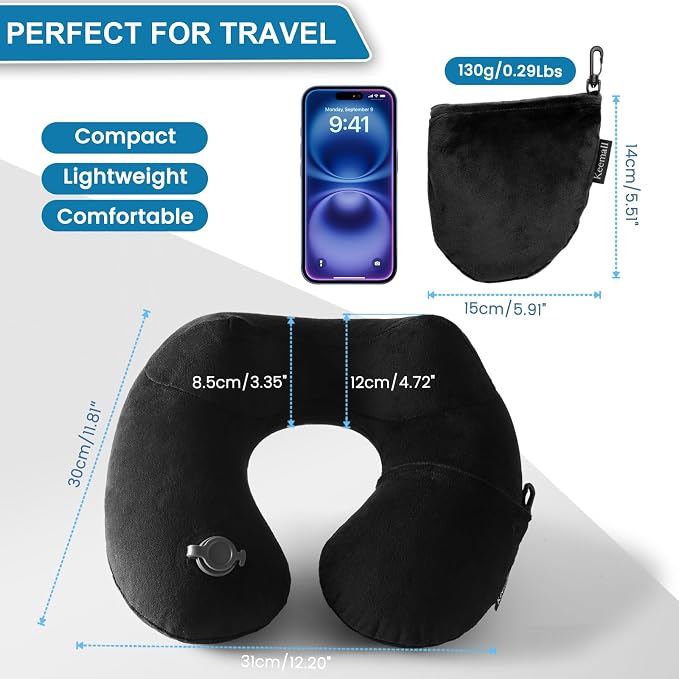 Keemall Portable Inflatable Travel Neck Pillow for Airplane, Car & Office | Ergonomic Velvet Cervical Cushion Relieves Neck Pain, Great for Business Travel, Plane, Car & Daily Commute, Premium Black - Image 7