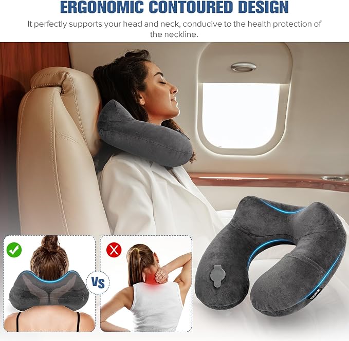 Rewondah Inflatable Travel Pillow for Sleeping Airplane - Inflatable Neck Pillow for Traveling on Plane with Washable Cover, Blow up Neck Travel Pillow for Airplanes, Cars - Portable and Comfortable - Image 2