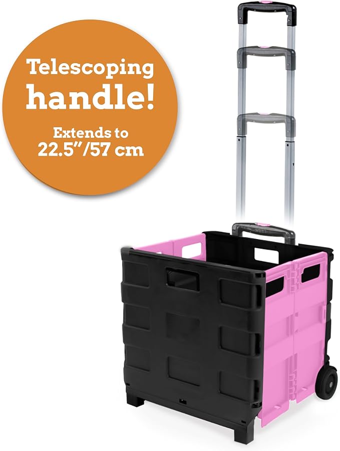 Inspired Living Ultra-Slim Rolling Collapsible Storage Pack-N-Roll Utility-carts, with Telescopic Handle, for Home, Garden, Shopping, Office, School use, Large, Pink & Black - Image 4
