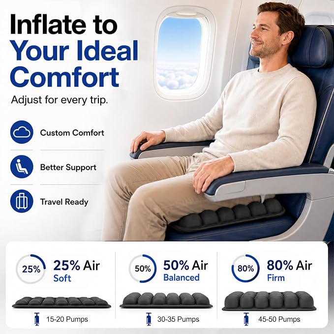 Airplane Seat Cushion, Inflatable Travel Cushion for Long Flights | with Hand Pump, Washable Stretch Fabric and TPU, for Air Travel, Car, Office Chair and Wheelchair, 16 x 18 in - Image 2